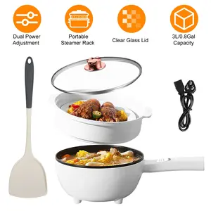 Electric Hot Pot Non-Stick Frying Pan Portable Rapid Noodles Cooker with Long Handle Steamer Spatula Dual Power Control Overheat Dry-Boil Protection 3L Capacity for College Dorm Room Essential