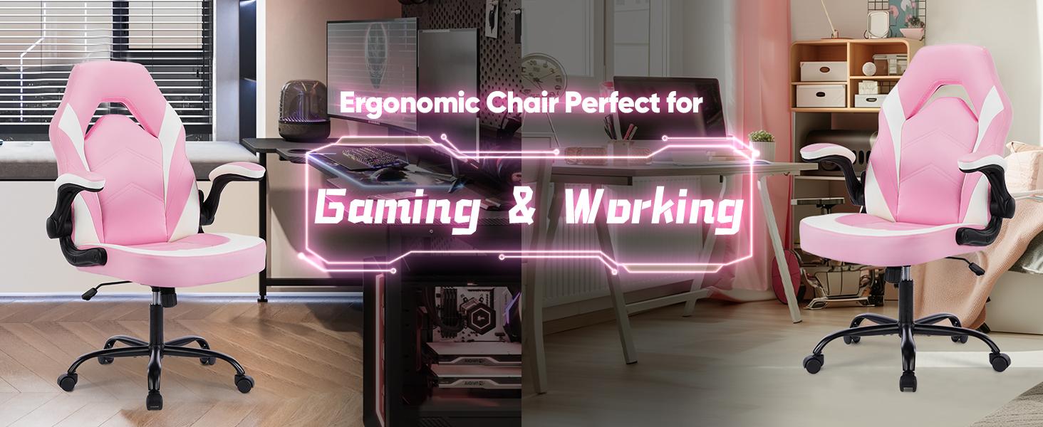 Gaming Chair, Office Chair High Back Computer Chair with PU Leather and Flip-up Armrest, Adjustable Swivel
