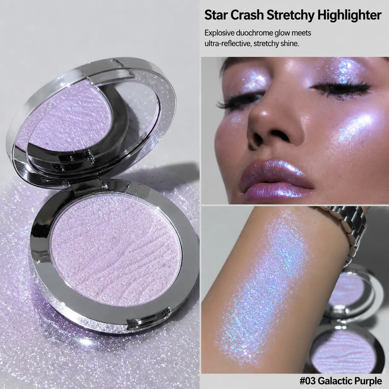 Single Color Highlighter Disc Cosmetic - Diamond Shimmer DiamondFlash Effect, Pearlescent Mashed Potato Texture, Long-Lasting Non-Smudging Glitter Cream, Rose Gold Round Compact, Glowy Makeup Contour Enhancer (5 Shades Available)