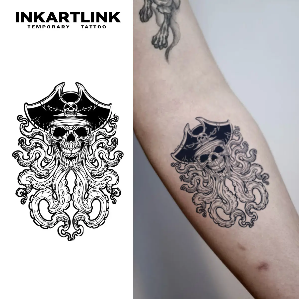 INKARTLINK Gothic Pirate Skull Temporary Tattoos - 2-Sheet Waterproof Dark Body Art with Realistic Octopus Tentacles, Fake Stickers for Men, Compatible with All Skin Types