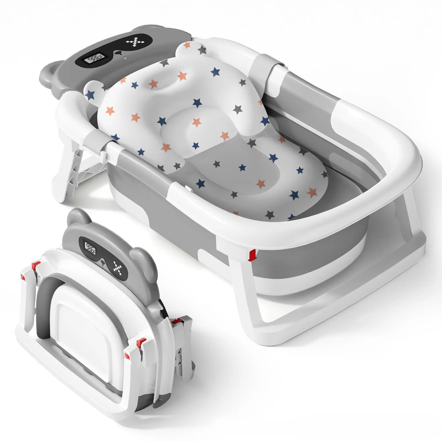 BabyBond Compact Folding Baby Bathtub Set - 10.5cm Foldable, Real-Time Temp Monitor, Showerhead Holder, Cutie Floating Soft Cushion, Non-Slip, for Small Baths, Mini Tub Baby & Bath Seats