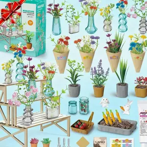 70 Pcs Make It Miniature Brands Nature Garden Plants Set with Wood Display Stand, Mini Botanical Collectibles, Tiny Paper Flower Bouquet DIY Craft Kit, Miniature Toy Gift for Kids and Adults (Blue)