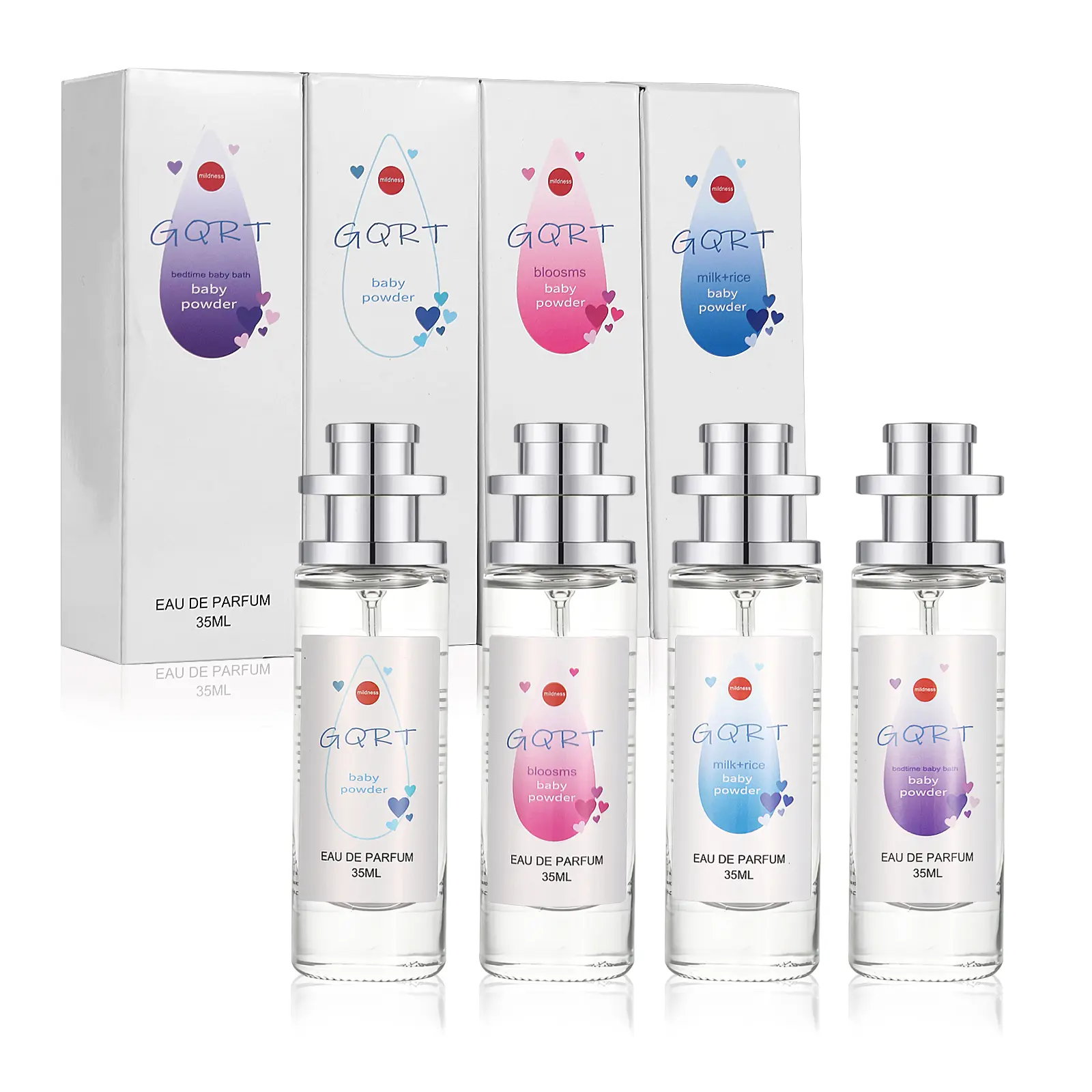 GQRT Women's Mini Baby Powder Perfume 4-Piece Gift Set - Long-Lasting Clean Girl Floral Vanilla Travel-Size Scents - Perfect Birthday Present, Mini Gift Sets
