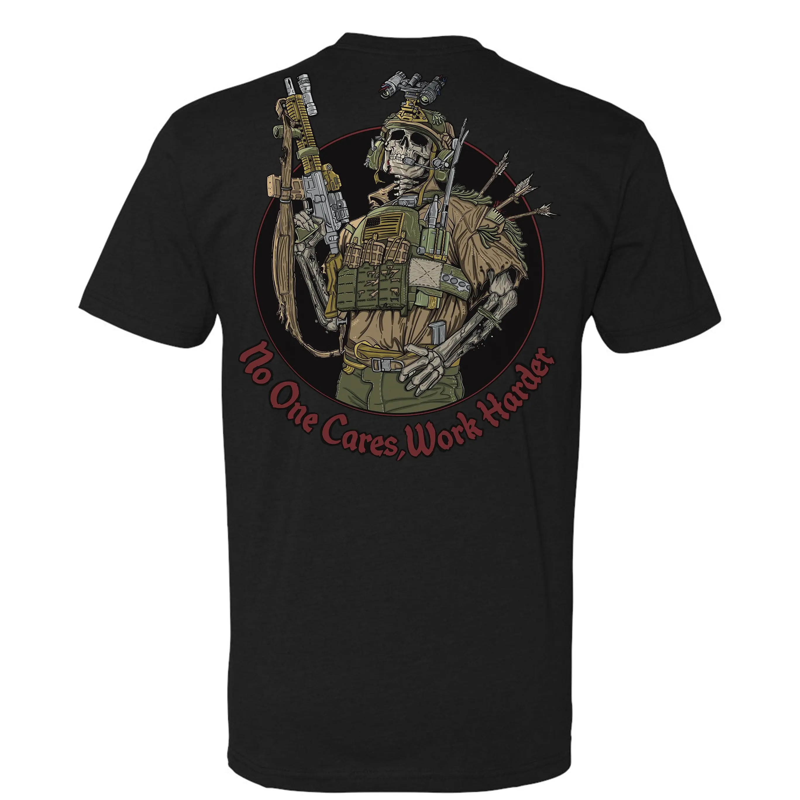 No One Cares Work Harder Tactical T Shirt With Armed Skeleton Soldier Graphic, Military Tactical Streetwear For Hard Workers And Alpha Mindset, Combat Inspired Tactical Apparel Built For Discipline Grit Strength And Relentless Attitude
