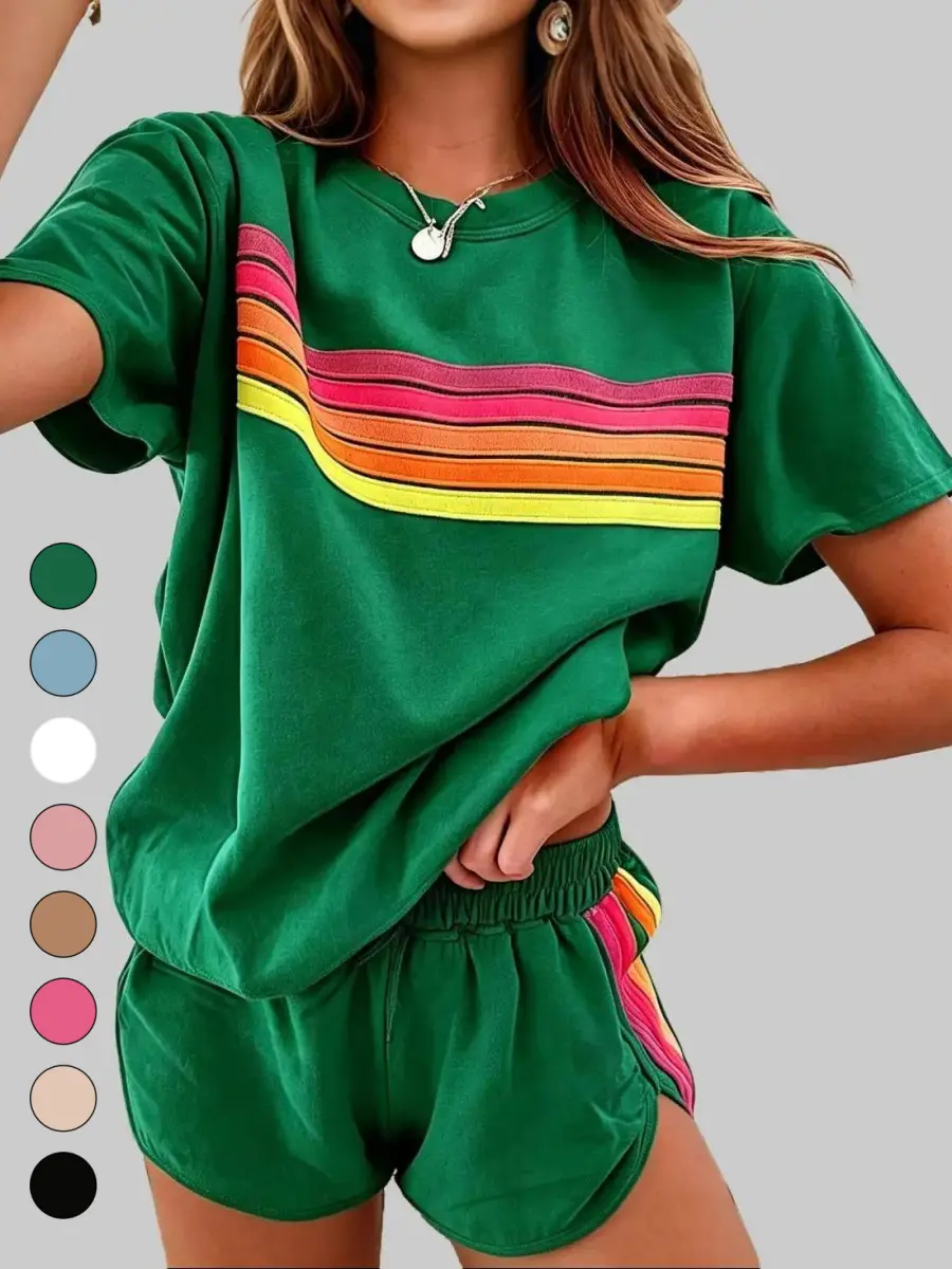 Women's 2 Piece Set, Retro Rainbow Stripe Lounge Outfit - Short Sleeve Tee and Shorts with Pockets, Lightweight Viscose Blend for Everyday Wear, 2 Piece Sets, Matching Sets For Women