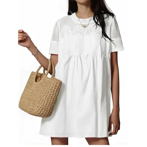 Wenrine Women's Cute Lace Mini Dress - Short Sleeve Crew Neck, Sheer Mesh Woven Fabric, Ruffle, Lightweight, Soft, Chic Closed-Back Shift, Imported Casual Evening Wear