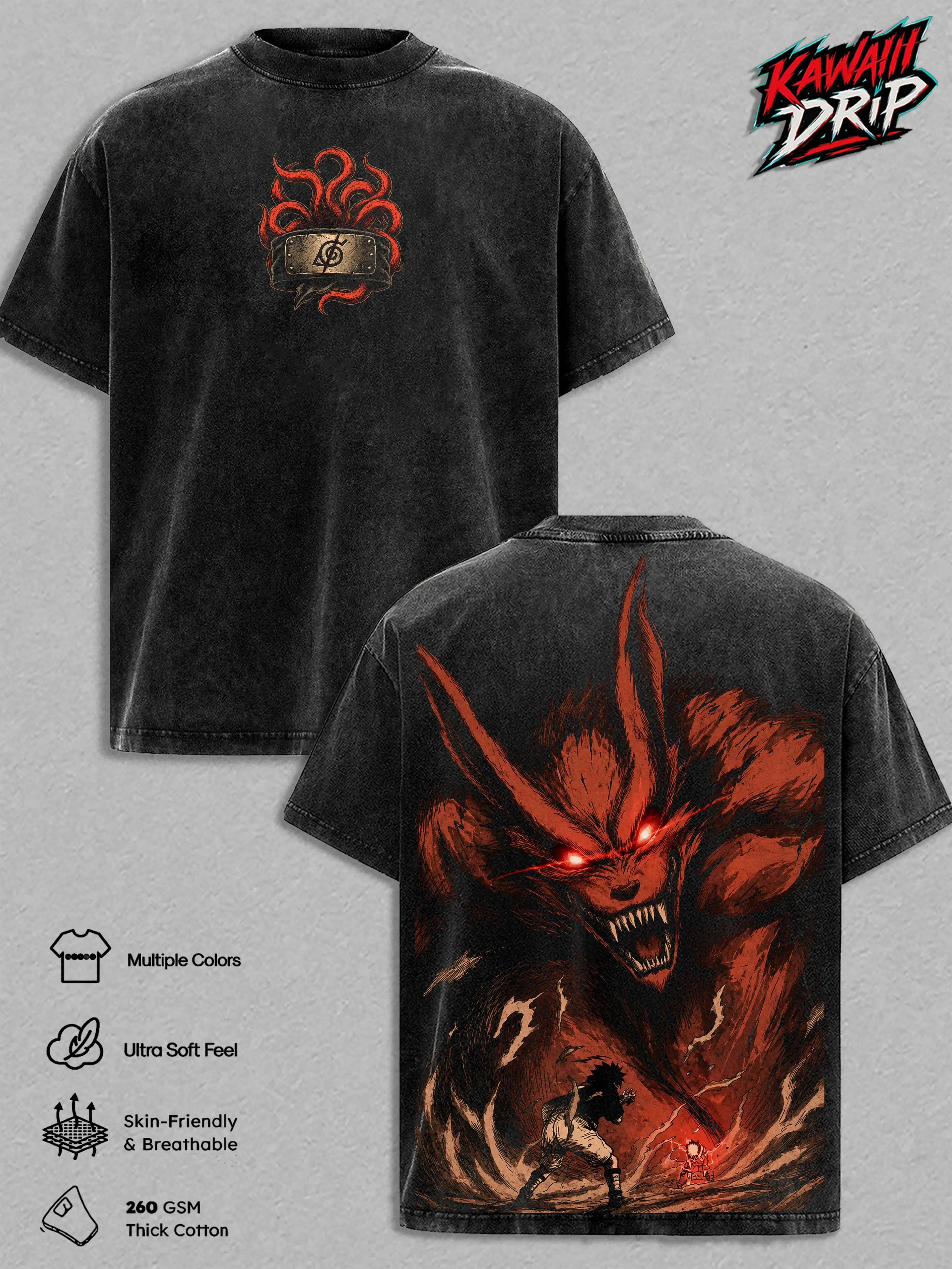 Men's Kurama Naruto Vintage Washed Heavyweight Cotton T-Shirt - "9 Tails" Fox Anime Graphic, Oversized Unisex Streetwear Top, Manga Fan Gift Apparel, Classic Tee