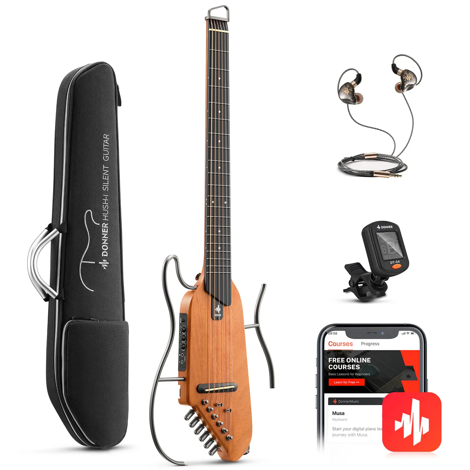 【Limited time deal】Donner HUSH-I Acoustic-Electric Guitar Kit for Travel, Silent Practice, Back to School Practice