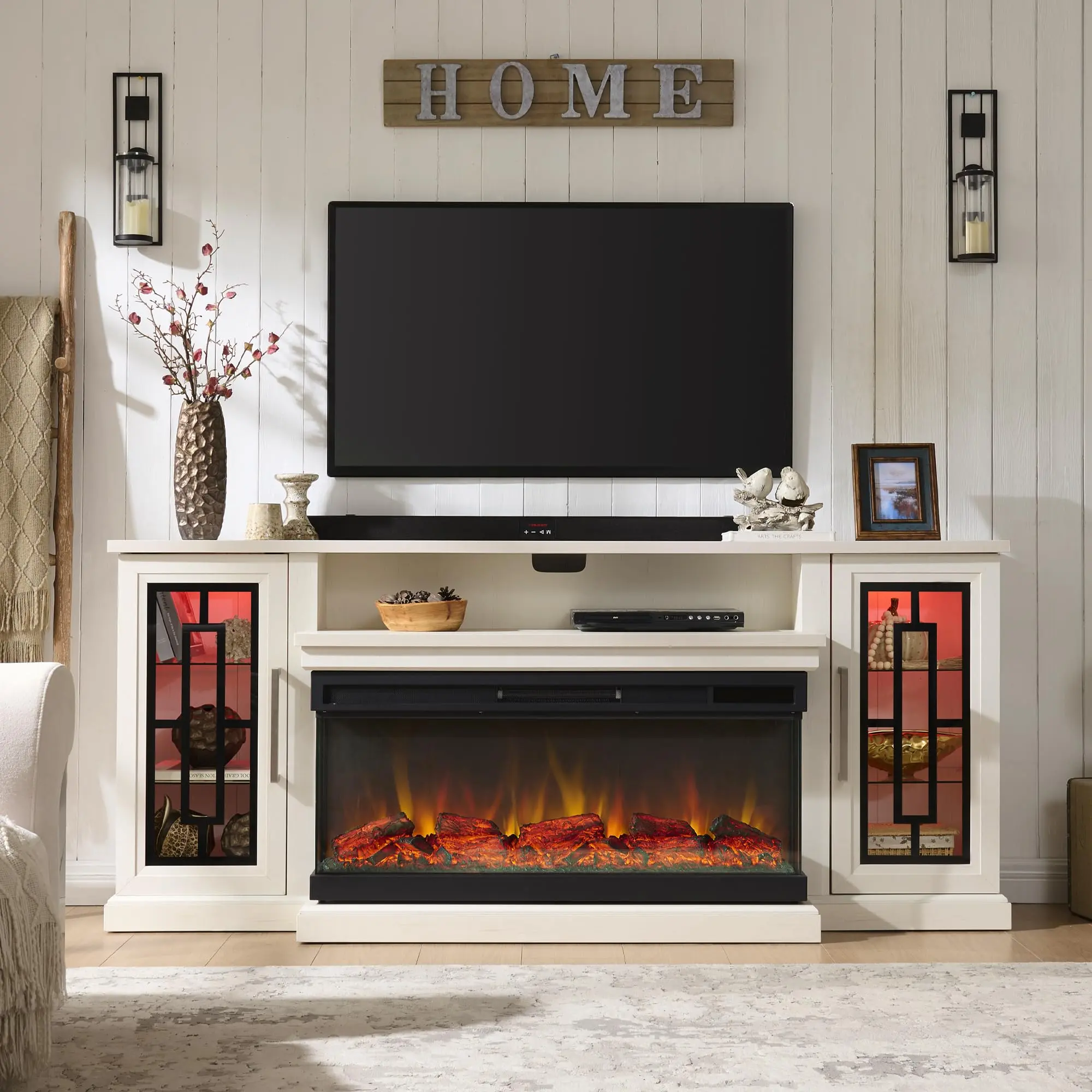 75 Inch Electric Fireplace TV Stand, 3- Side Glass LED Modern Media Entertainment Center Console Table for TVs up to 80/85 Inch w/Adjustable Flame, 40’’ Fireplace, Highboy, Distress White