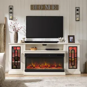 75 Inch Electric Fireplace TV Stand, 3- Side Glass LED Modern Media Entertainment Center Console Table for TVs up to 80/85 Inch w/Adjustable Flame, 40’’ Fireplace, Highboy, Distress White