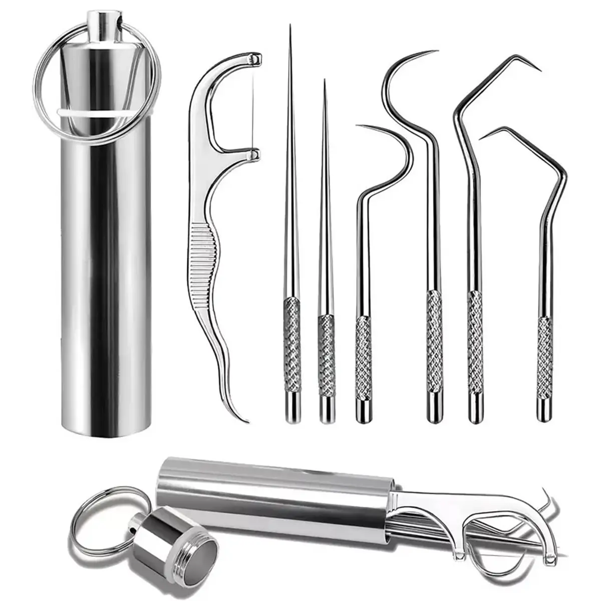 Stainless Steel Toothpick Pocket Set, Reusable Dental Floss Pick, Travel Teeth Cleaning Tools Kit for Outdoor Picnic, Camping, Keychain Design, Oral Care Tool (7PCS/Set)