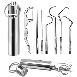 Stainless Steel Toothpick Pocket Set, Reusable Dental Floss Pick, Travel Teeth Cleaning Tools Kit for Outdoor Picnic, Camping, Keychain Design, Oral Care Tool (7PCS/Set)