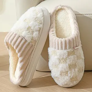 Checkered Pattern Plush Slippers, Casual Slip On Plush Lined Shoes, Comfortable Indoor Home Slippers