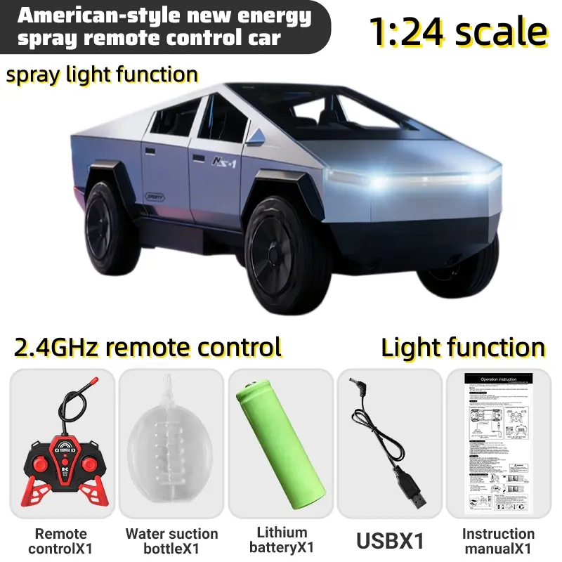 1:24 Scale Cyber Pickup Remote Control Model Truck - 2.4GHz Futuristic Kids Toys with Cool Mist Exhaust Spray, LED Lights, Rechargeable Cars Theme Toy Gift for Ages 8+ Unisex Presents