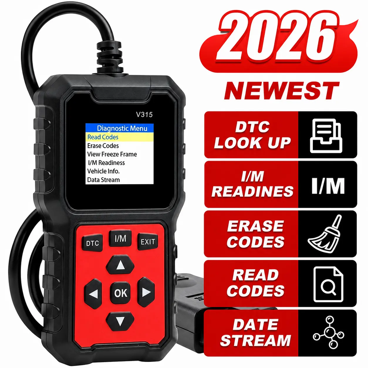 V315 Plug-In OBD2 Car Code Reader, Automotive Engine Diagnostic Scanner with DTC Lookup, Live Data, I/M Readiness, Car Tools