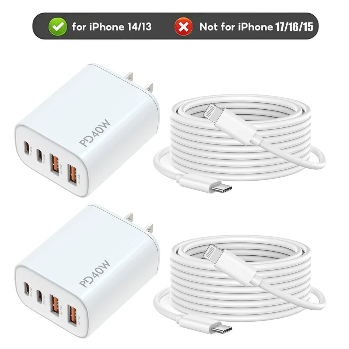 40W 4-in-1 Multi-Port Portable fast charging kit ， usb-c Power Travel Adapter, can charge 4 devices simultaneously, 2 USB-A and 2 Type-C output ports, compatible with iPhone 14/13/12/11, 4 Pro Max, 13/12/11/X/Xs/Xr/Xs/iPad ...