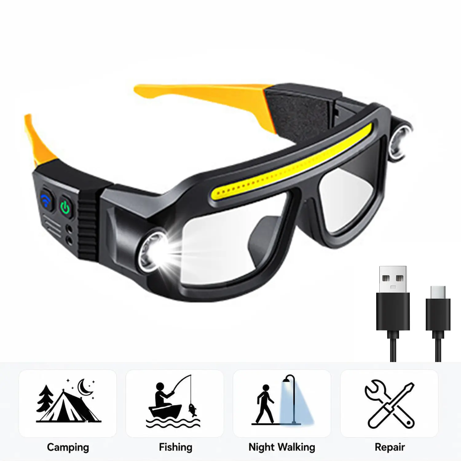 Headlight Safety Glasses with COB Floodlight & Spotlight LED Light, LED Rechargeable USB C Light Up Glasses Lighted Eyewear for Running Camping Fishing Cycling Hiking