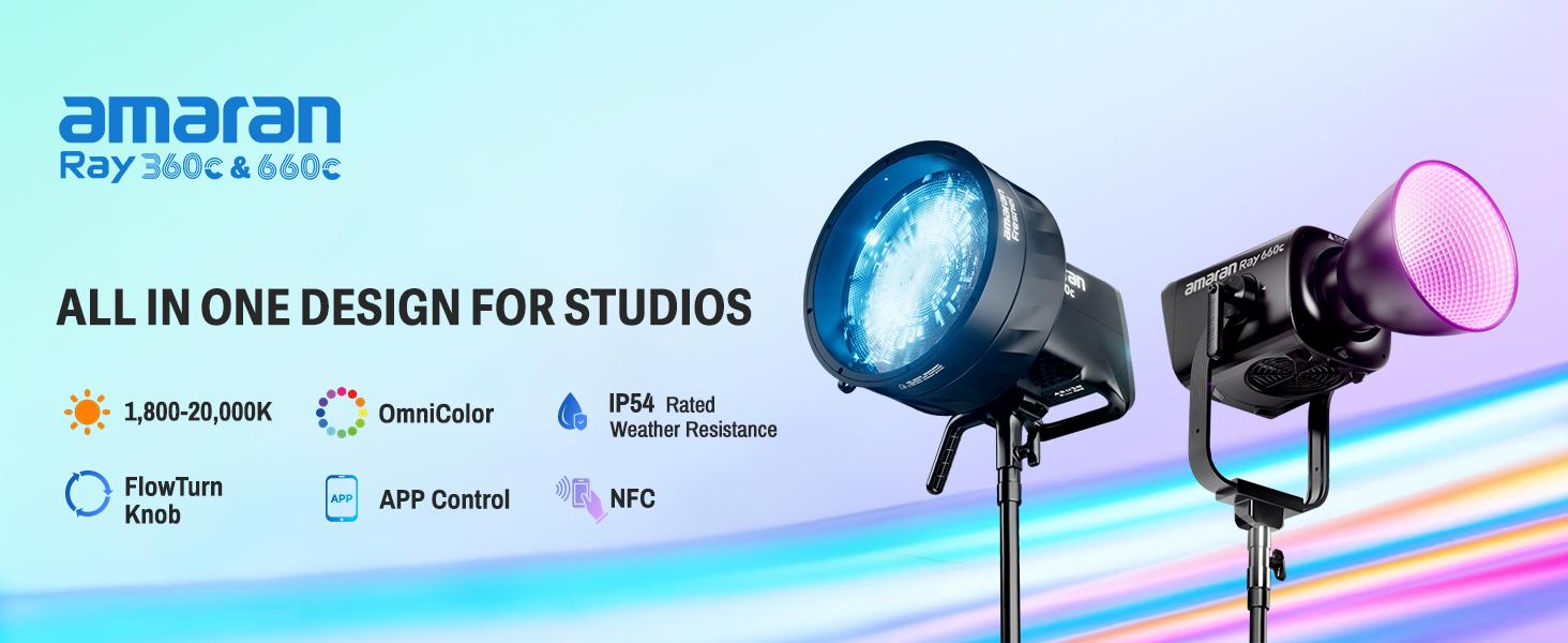 amaran Ray 660c RGB LED Video Light - 660W full-color APP/DMX Control, 1,800-20,000K 38,500Lux/1m COB Continuous Output Lighting, Bowens Mount Portable Light for Content Creators，Photography, Studio,Video Recording