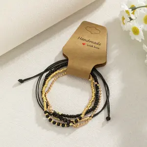 4pcs/Set bohemian-style bead bracelet set, mixed black and gold glass beads, adjustablesuperimposable bracelet, suitable for daily wear and gift occasions