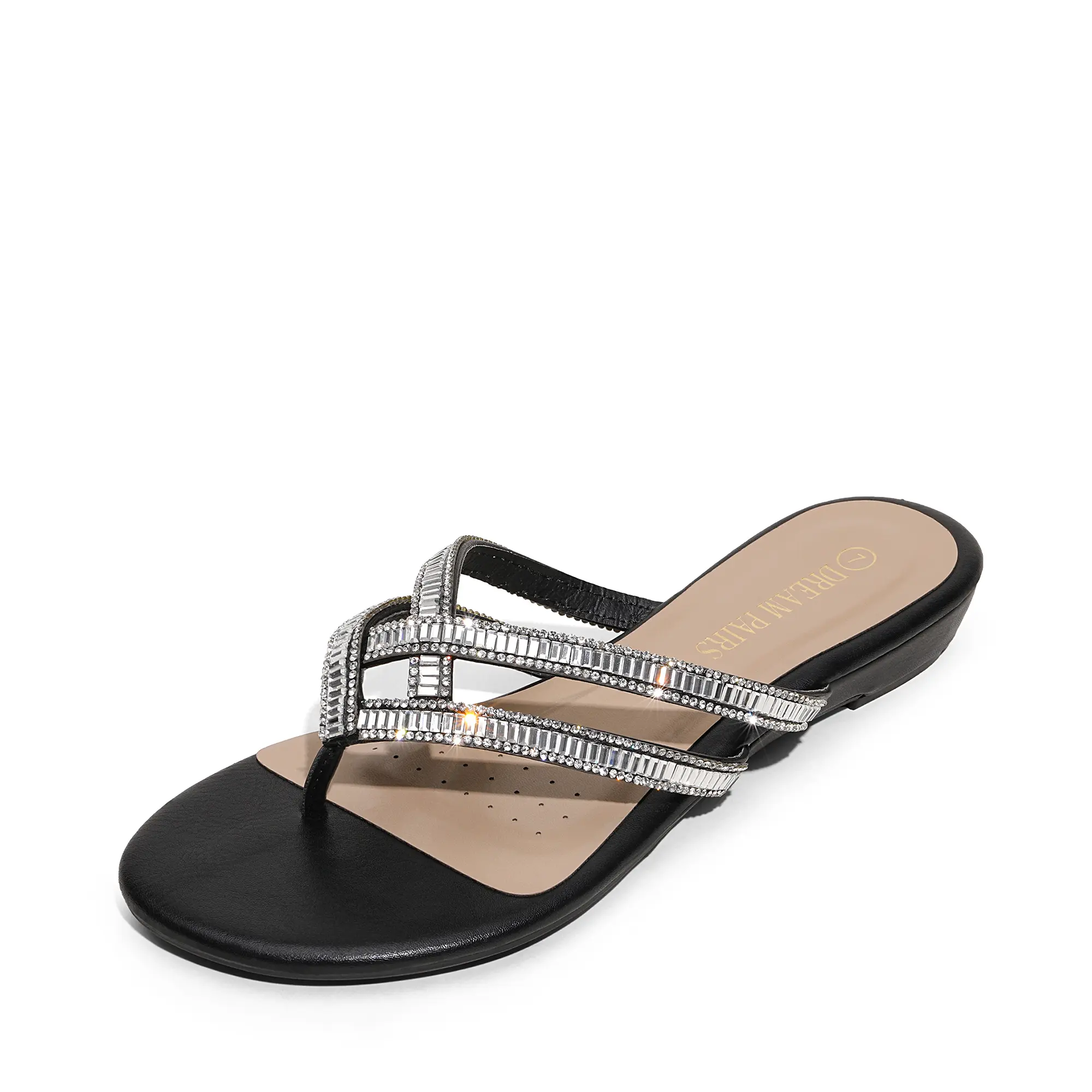 Dream Pairs Women's Elegant Rhinestone Cute Sandals - Comfortable Flat Thong Flip-Flops with Padded Faux Leather Insole, Bold Stone Vamp, 1-3 Cm Heel, Rubber Footwear, Elegant Yet Casual Vibe, Ideal for Beach, Patio, Parties