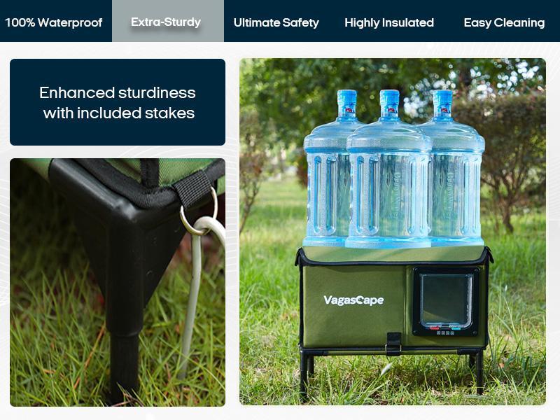 【Limited】Vagascape Heated Outdoor Cat House, Heated Bowl, Thermostat & Overheat Protection with Auto Shutoff, Warms in ~3s & Energy-Saving – Waterproof, Insulated & Elevated, 12mm Fiberglass Frame, Escape Door & Window, UL-Tested Heating Core