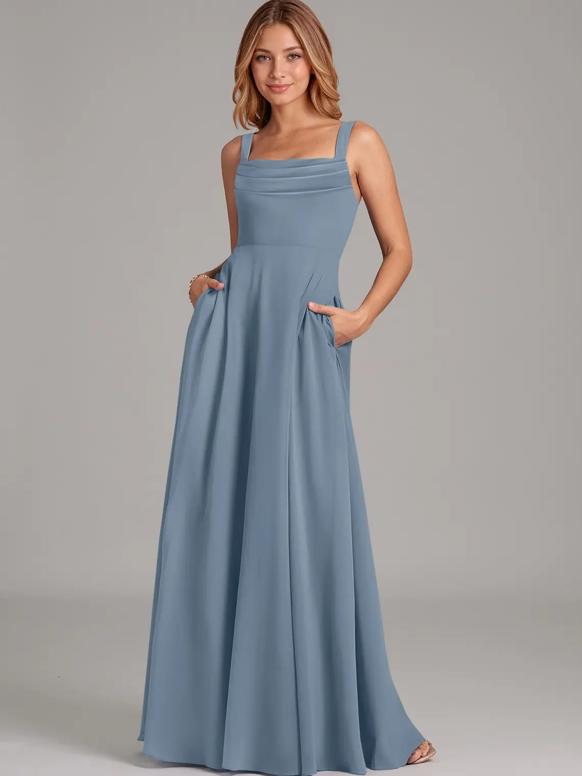 AZAZIE Women's Cowl Neck Chiffon Bridesmaid Dress, A-Line Sleeveless Pleated Formal Party Gown with Pockets