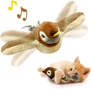 Interactive Flying Sparrow Cat Toy, with flapping wings and chirping functions, touch-controlled to start the flying bird.  It moves softly, suitable for indoor and outdoor play, applicable to kittens, adult cats and small dogs, a bird toy for hunting gam