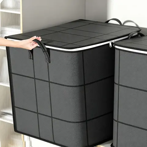 Folding Fabric Clothes Storage Bag - Collapsible Storage Organization Organizer with Double-Zipper Secure Closure, Handles, Large Capacity for Blankets (Indoor Recreation Space-Saving Portable Solution)