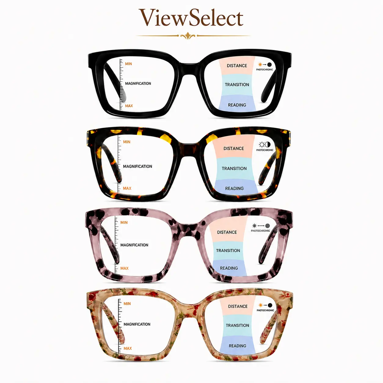 ViewSelect HD Photochromic Progressive Multifocal Reading Glasses for Women, Light Adaptive Blue Light Blocking Readers, Near Mid Far Vision Square Frames with Anti-Lost Lanyard