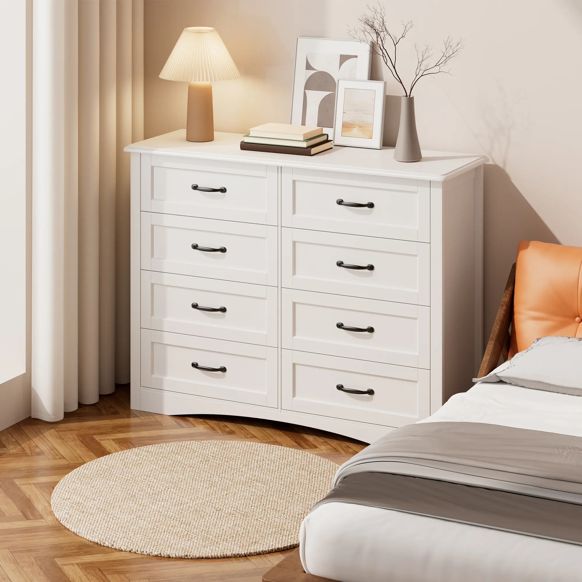 Gizoon 8 Drawer Dresser with Metal Handles for Bedroom, White | Large Chest of Drawers with Ample Storage Space Wide Dresser with 8 Storage Drawers for Living Room, Entryway and Hallway