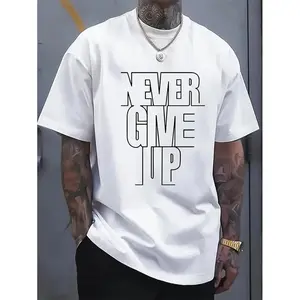 100% Cotton A Men'S Casual Cotton T-Shirt With The Words "Never Give Up" Printed On It - Crew Neck, Slight Elasticity, Knitted Fabric, Regular Version, Summer Short-Sleeved T-Shirt Suitable For Adults, Large Size Option Golf Gift T-Shirt For Men And Women