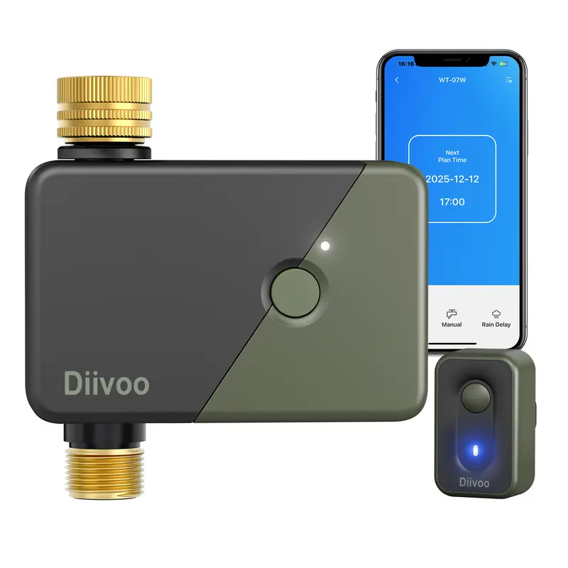 Diivoo Brass WiFi Water Timer, 2.4GHz Only Smart Hose Sprinkler Timer Compatible with Alexa/Google Assistant, 6 Irrigation Plans, Rain Delay & Mist Mode for Garden Lawns