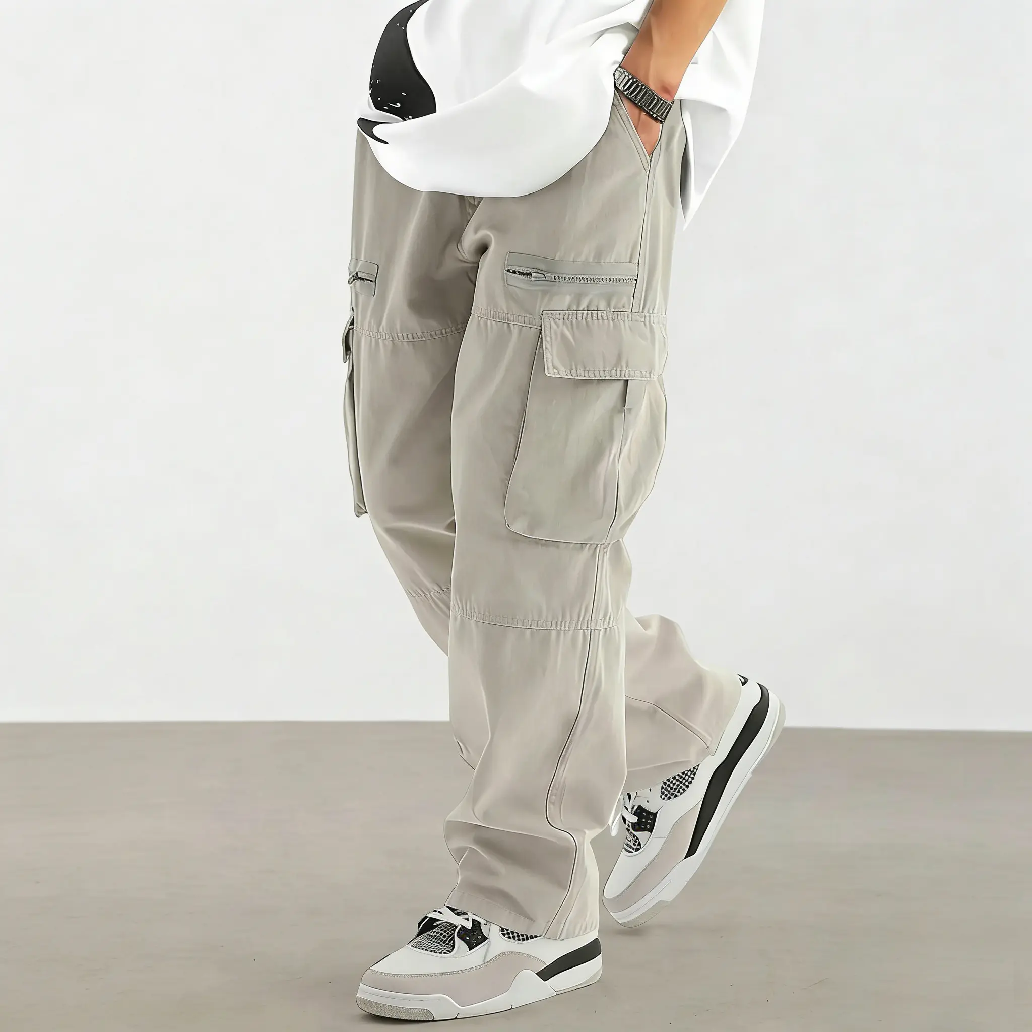 Men's Solid Flap Pocket Cargo Pants, Regular Fit Casual Fashion Multi-pocket Trousers for Daily Wear, Men's Bottoms for All Seasons, Beige