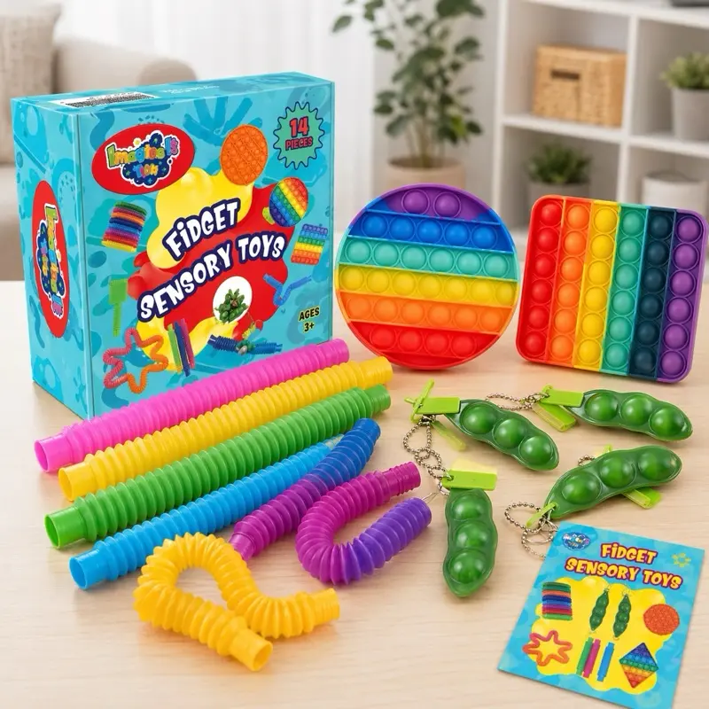 14pc Fidget Toy Pack Sensory Set for Kids & Adults - 3 Bubble Popper Stress Relief Toys, 3 Peapod Squeeze Keychains, 8 Colorful Glow Pop Tubes - ADHD Autistic Silent Classroom Fidgets - Party Favors, Stocking Stuffers, Occupational Therapy Sensory Tools