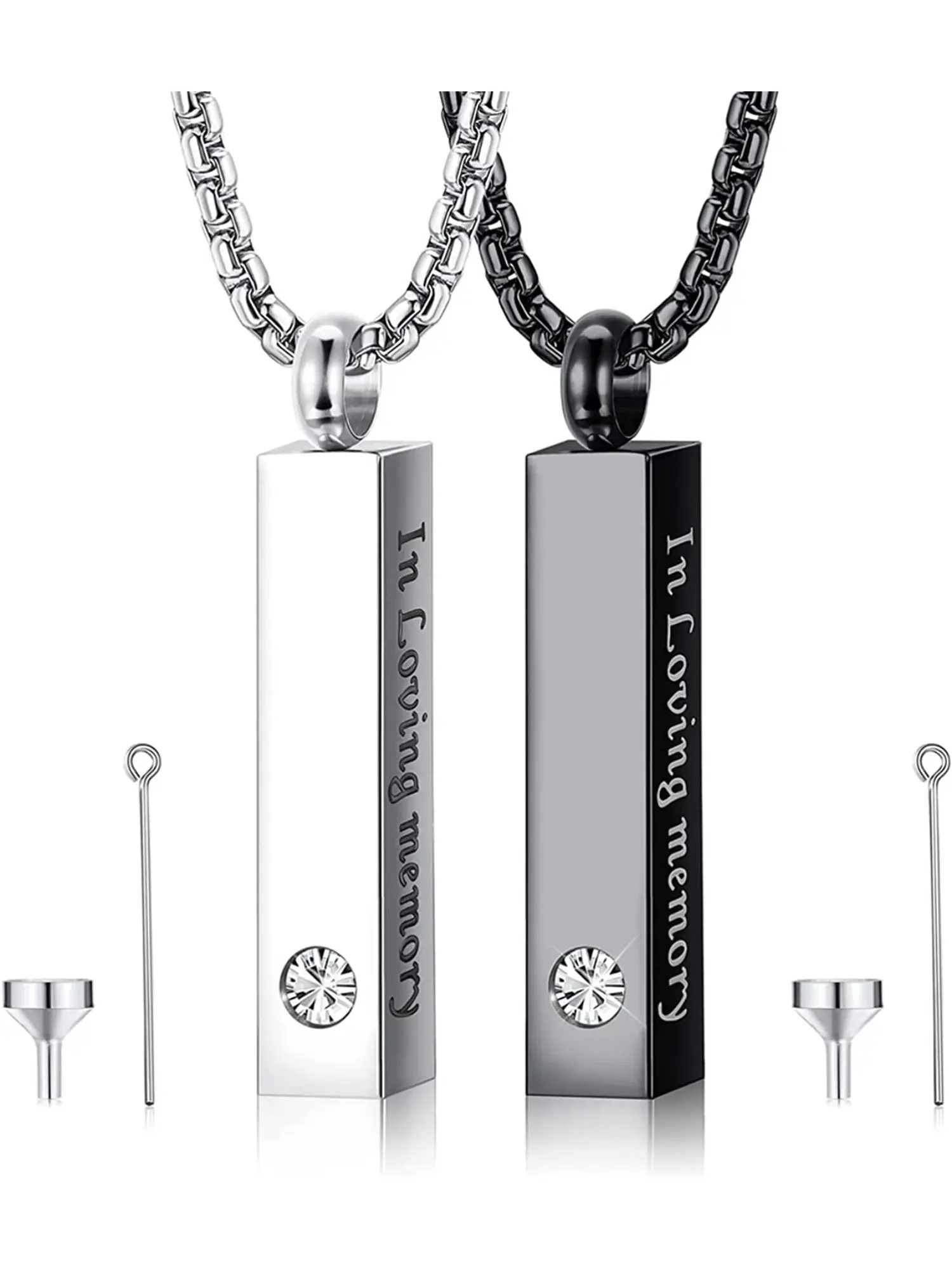 2 Pieces Urn for Ashes Cremation Name Engraved Pendant for Men Women - Black CZ Stainless Steel Memorial Engraved Necklace - Ashes Jewelry Souvenirs Jewelry Gifts