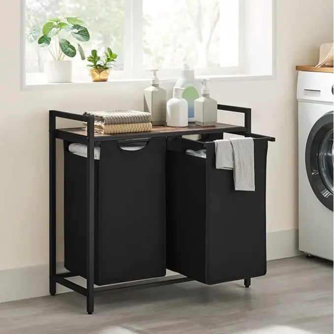SONGMICS VASAGLE Rectangle Divided Laundry Organizer - Top Shelf, Pull-Out Bag Compartment Dirty Clothes Hamper, Modern Home Storage Clothes Basket, Clothes Baskets,dorm room inspo,college dorm essentials,dorm haul