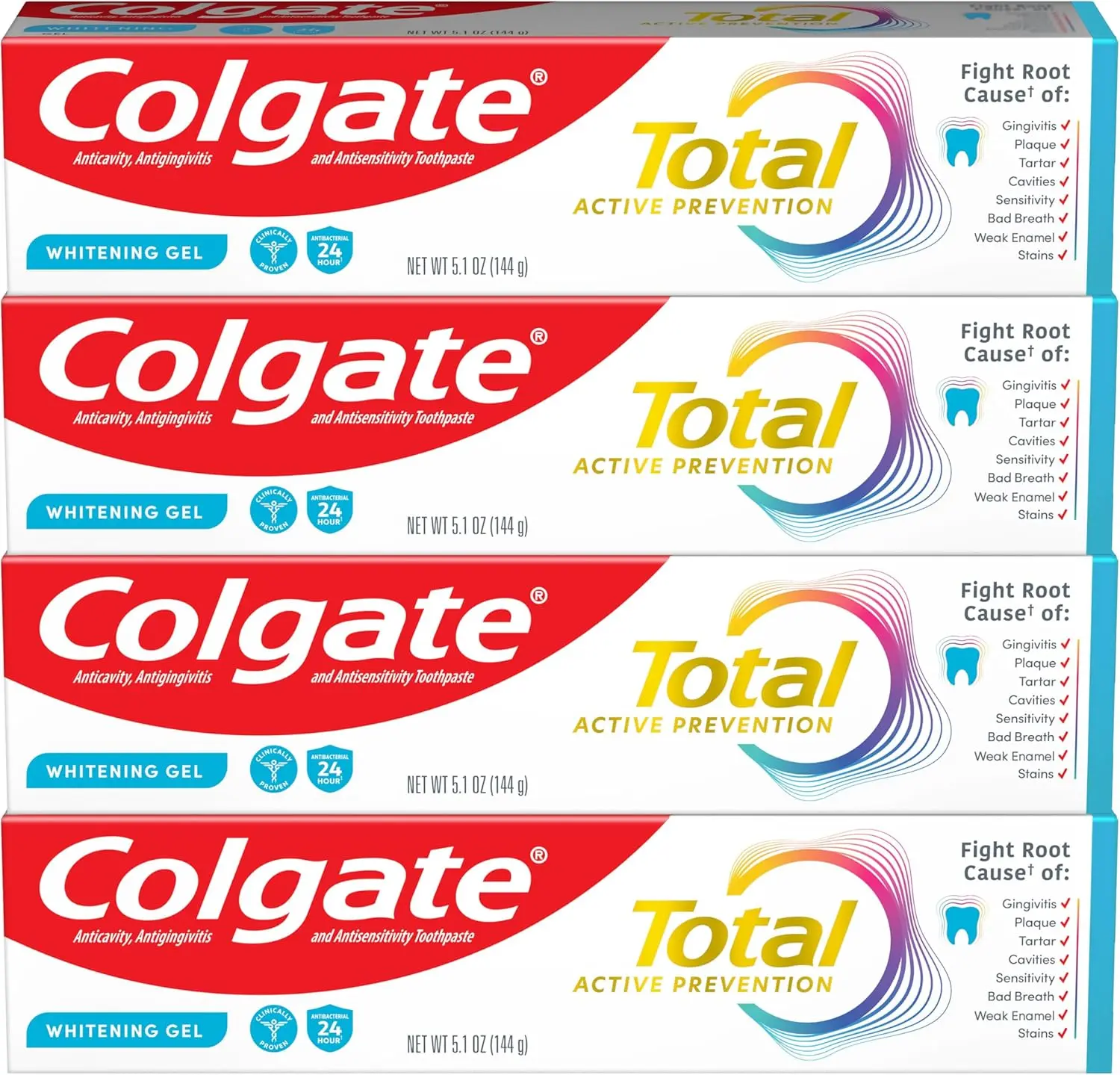 Colgate Total Active Prevention  Daily Whitening Gel Toothpaste with Fluoride Bulk (4-Pack) 5.1 oz Fresh Mint Flavor, Clinically Proven Plaque  l Antibacterial, Bacteria-Fighting Formula