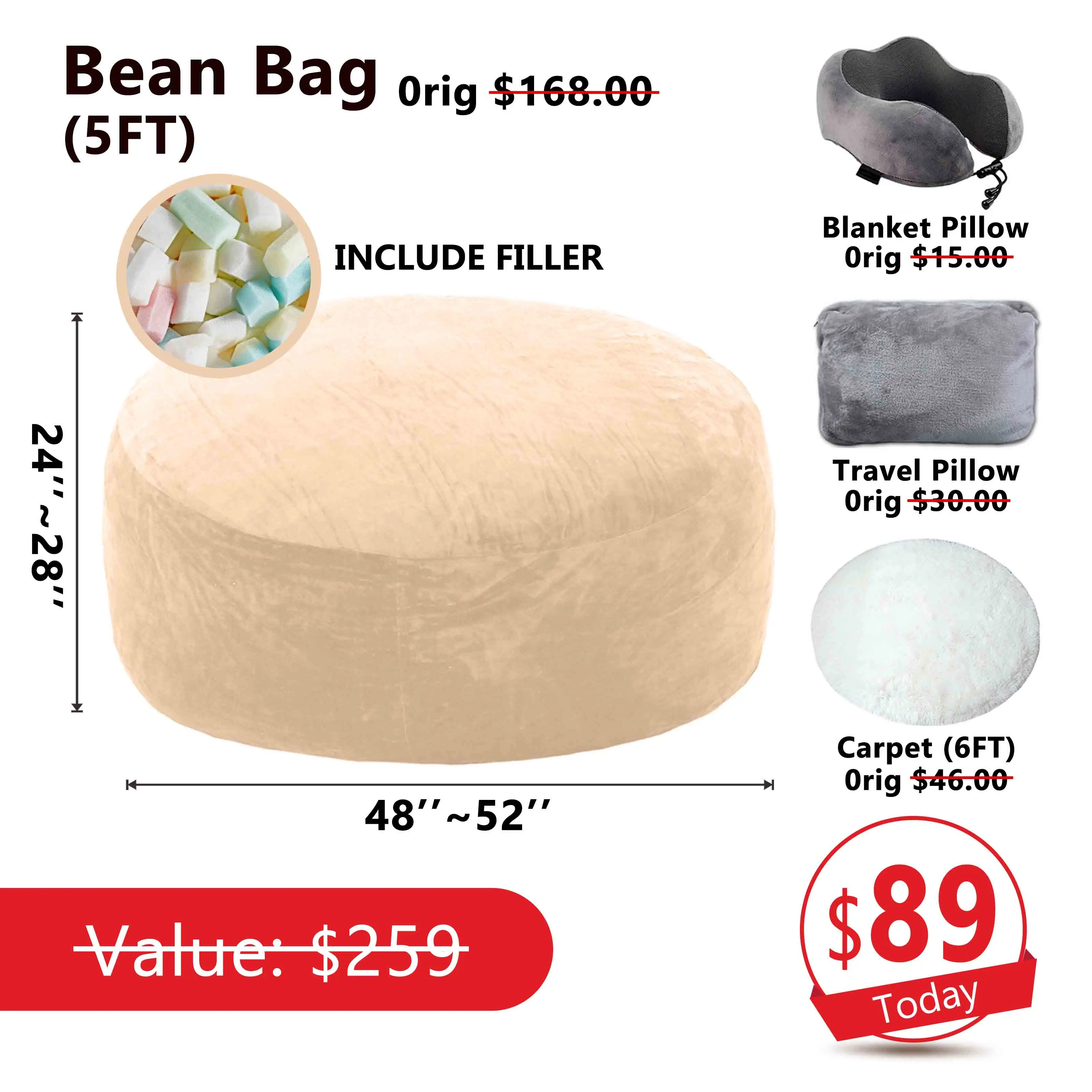 5FT Cream (Include Filler U-pillow Blanket Carpet)