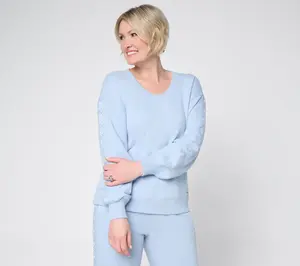 Peace Love World Boheme V-Neck Sweatshirt with Crochet Trim