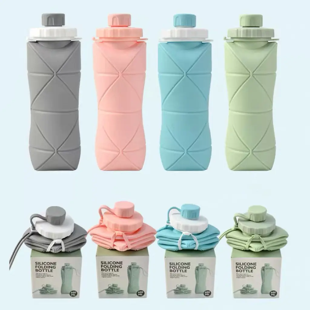 Collapsible Silicone Water Bottle - 20.3oz Leakproof Reusable Travel Cup, Space-Saving Portable Foldable Multitool Accessory for Traveling, Camping, Leakproof Travel Cup
