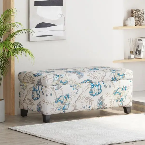 Luxury Storage Ottoman with Floral Patterned Fabric, Soft-Close Hinges, Multi-Functional Footrest & Seat for Living Room, Bedroom - Hidden Compartment for Blankets/Pillows