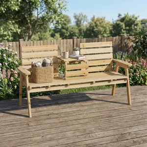 Spaco Outdoor Fir Wood Bench with Foldable Middle Table, Weather-Resistant Garden Patio Seating with Convertible Center Coffee Table, Natural Fir Wood Finish for Yard, Porch, Lawn, and Balcony