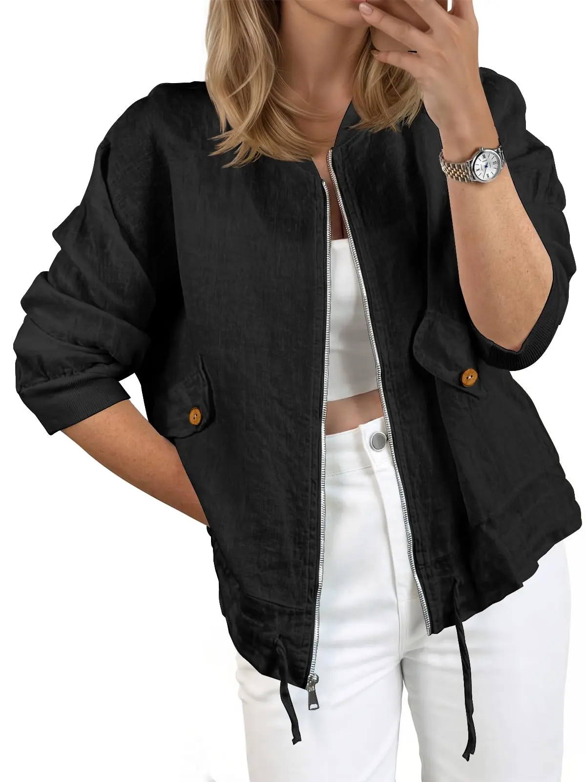 Tankaneo Womens Lightweight Bomber Jackets Casual Zip Up Drawstring Cotton Linen Jacket With Pockets