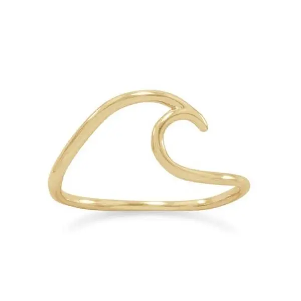 14 Karat Gold Plated Sterling Silver Wave Design Ring, Wave Band Style, 1.2mm Width, Sizes 5-9