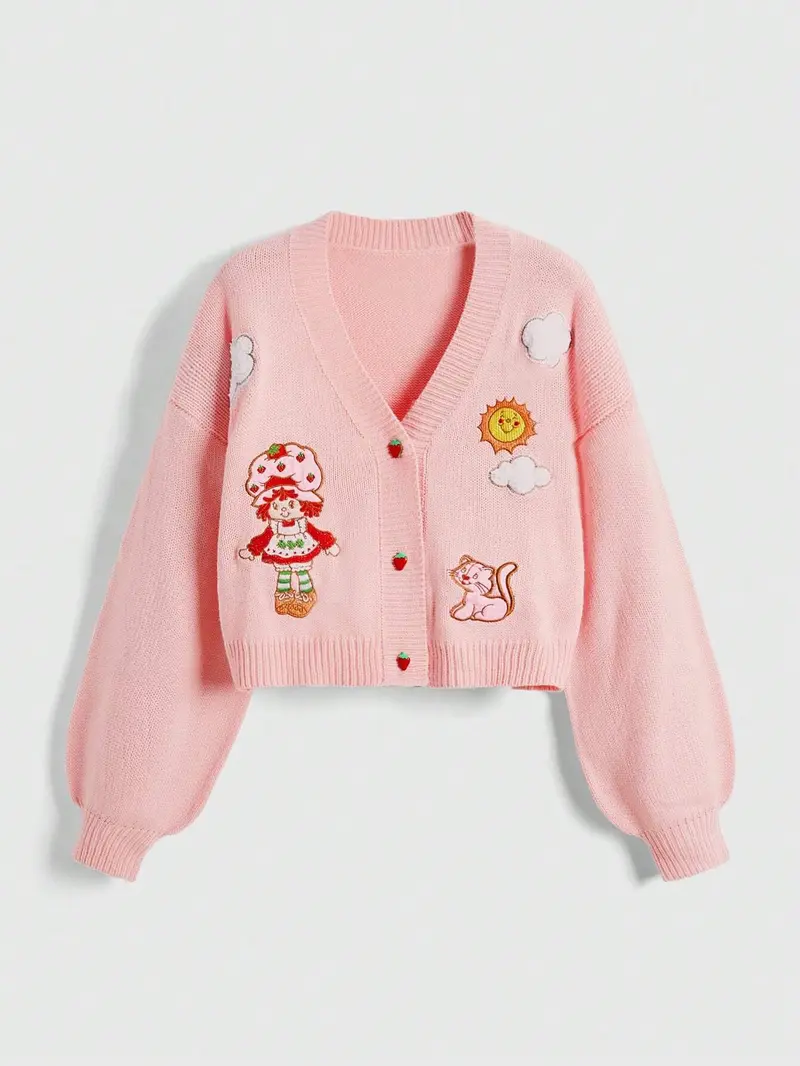 Strawberry Shortcake Women's Autumn/Winter Cute Cat Embroidery Front Button Cardigan