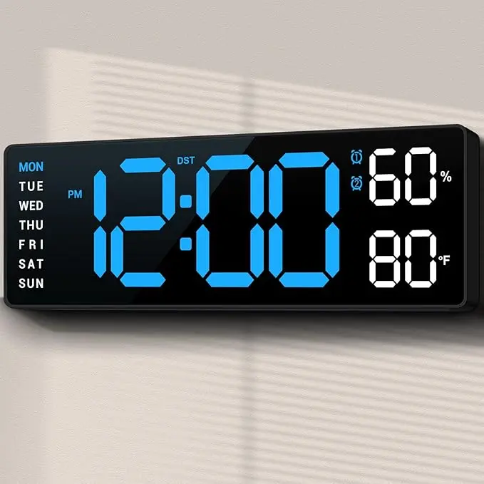 Large Digital Display Alarm Clock - Wall Mount & Desk Clock, Desk Accessories with Calendar, °C/°F Temp at Glance, Date, Blue LED Backlight, Dual Alarm Ready, Modern Home Accessory, Bedroom Decor