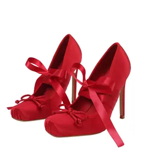 EROCALL Satin Women Lolita High Heels Square Toe Pumps Ankle Ribbon Tie Elegant Stiletto Heel Cute Toe Bow Detail Satin Material Fashion Statement Footwear for Parties Special Occasions