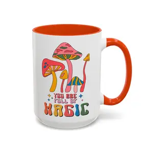 15oz Glossy Ceramic Retro Affirmation Mug - "You Are Full of Magic", Mushroom-Themed Kitchen Drinkware for Tea, Coffee, Cup Use