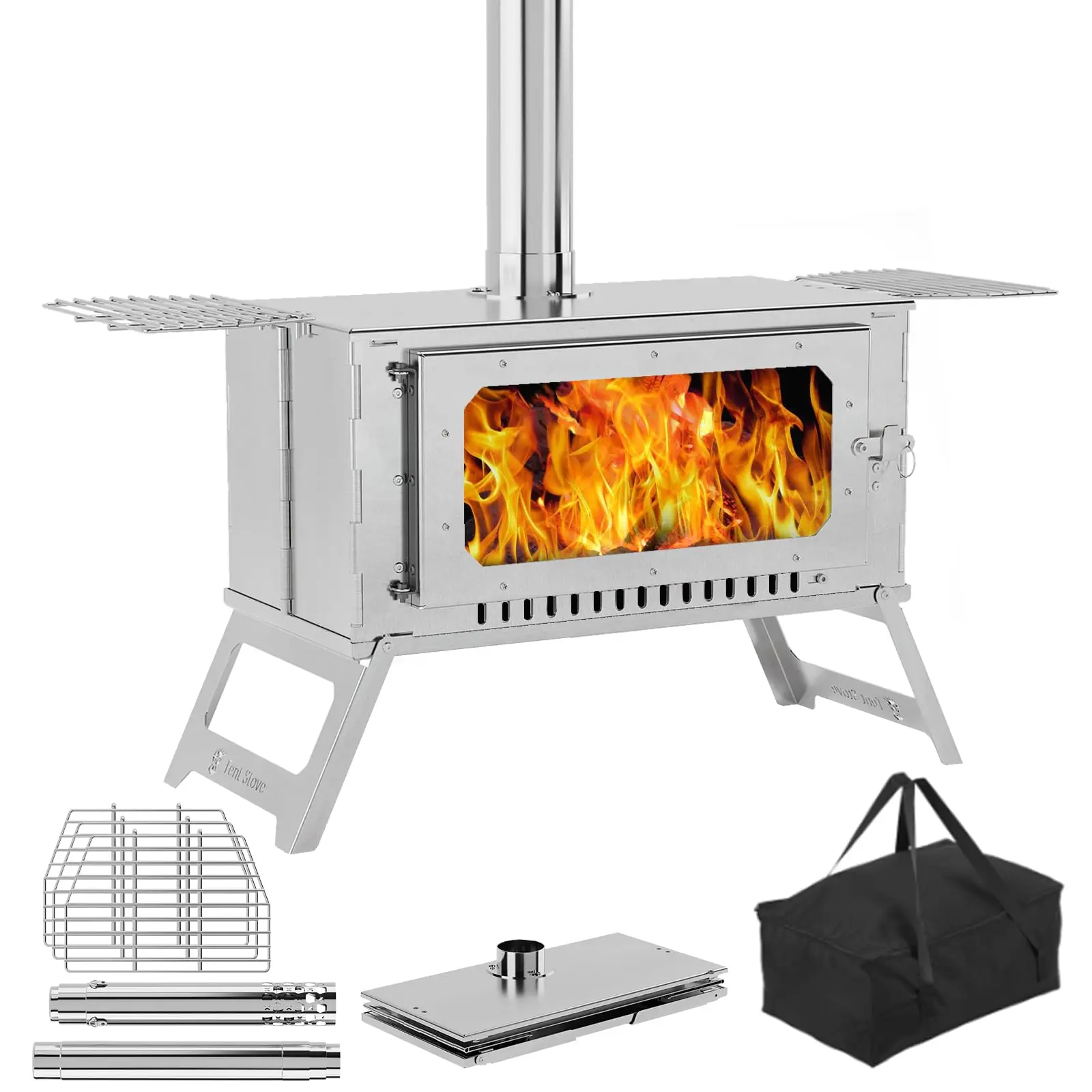 Gaomon Stainless Steel Durable Compact Camping Wood Stove - Foldable Frame, Portable Firebox, Grill, Pipes, View Glass, Carry Bag, Adjustable Airflow, Weather Protection for Campfire/BBQ Party Outdoor Cooking