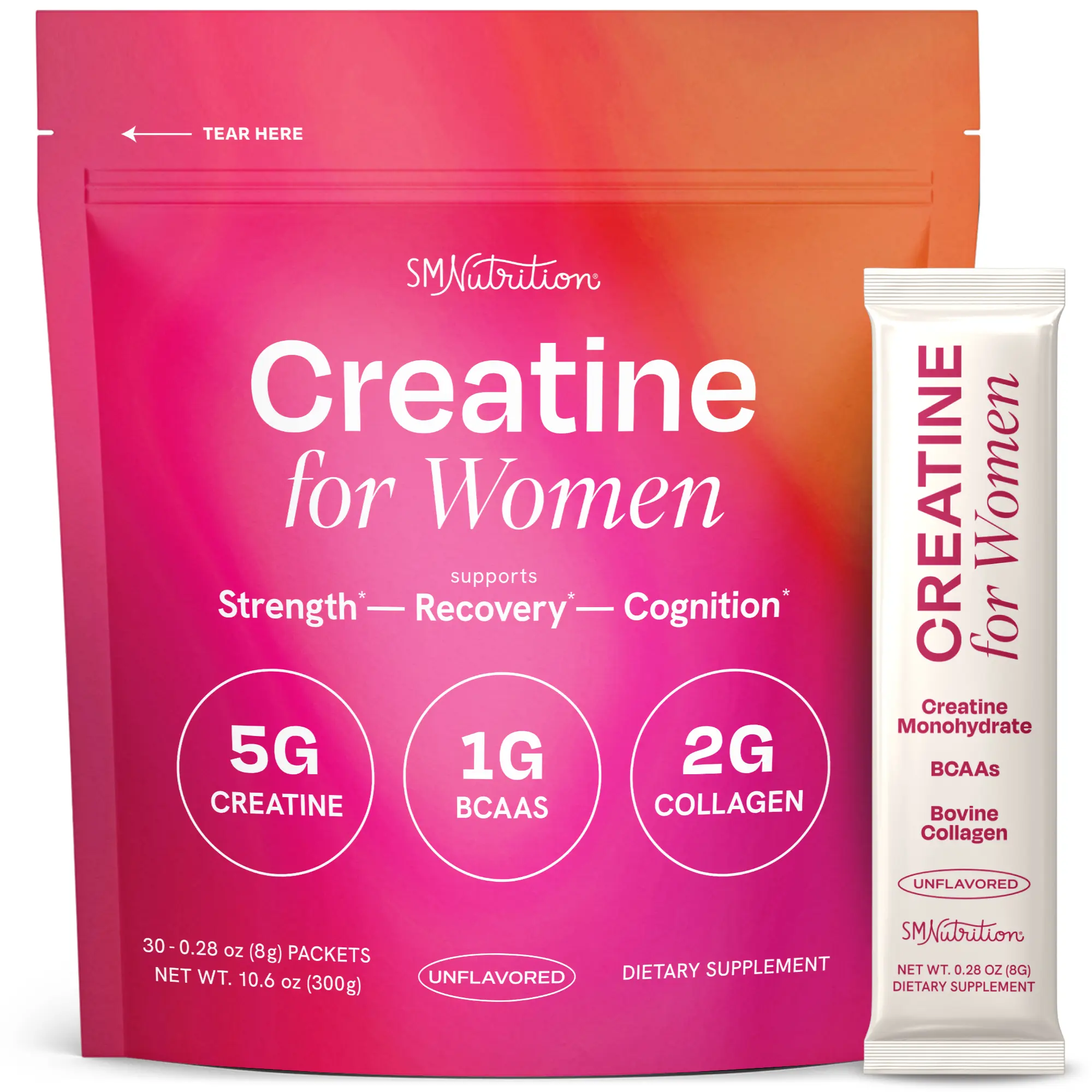 SM Nutrition Creatine Stick Packs for Women with Collagen Peptides + BCAAs Strength Cognitive Health Glow Recovery Support 5g Creatine Monohydrate 2g Collagen 1g BCAAs 30 Sachets Unflavored - Healthcare, Supplement